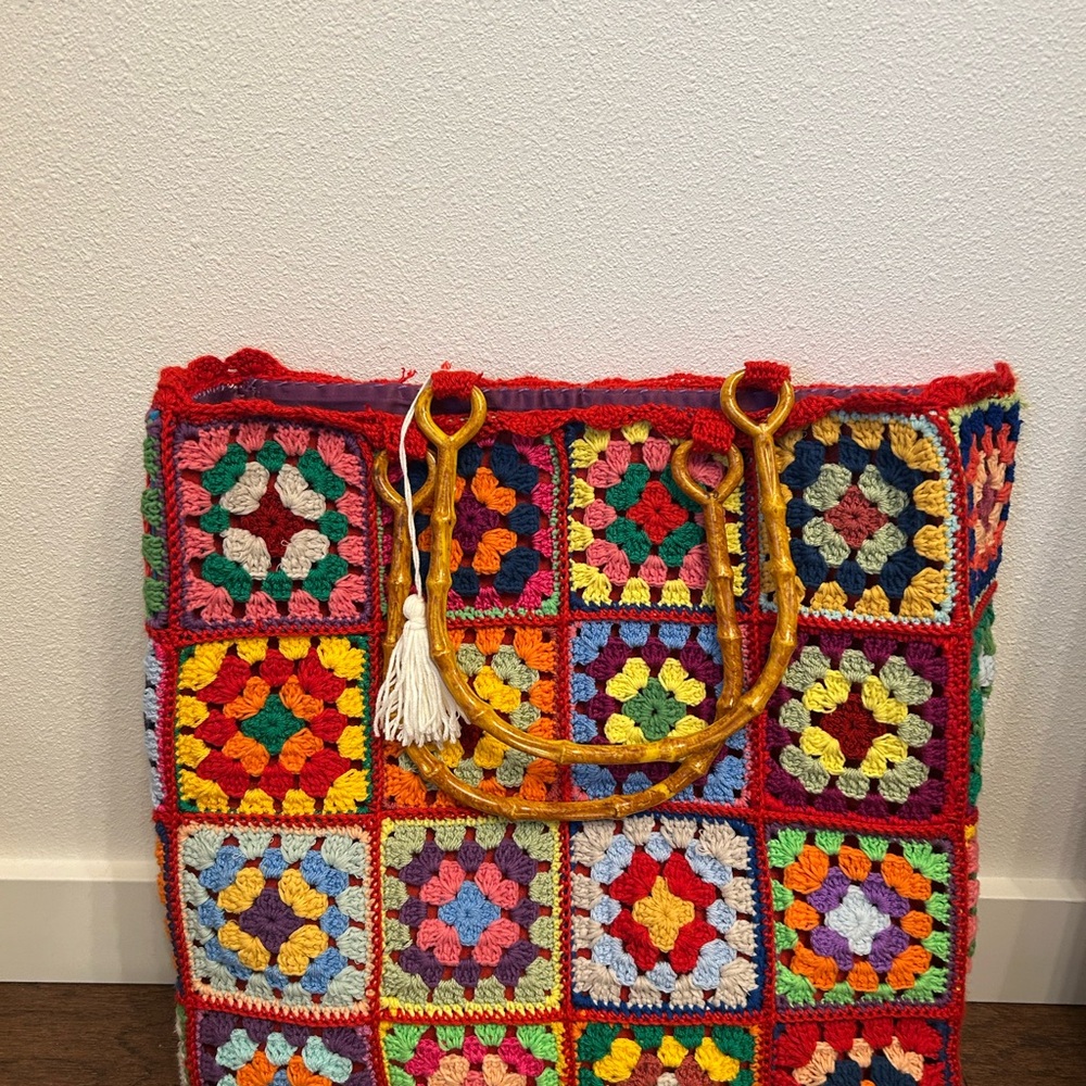 Granny Square Crochet Purse Tote Bag with Bamboo Handles - Picture 10 of 12